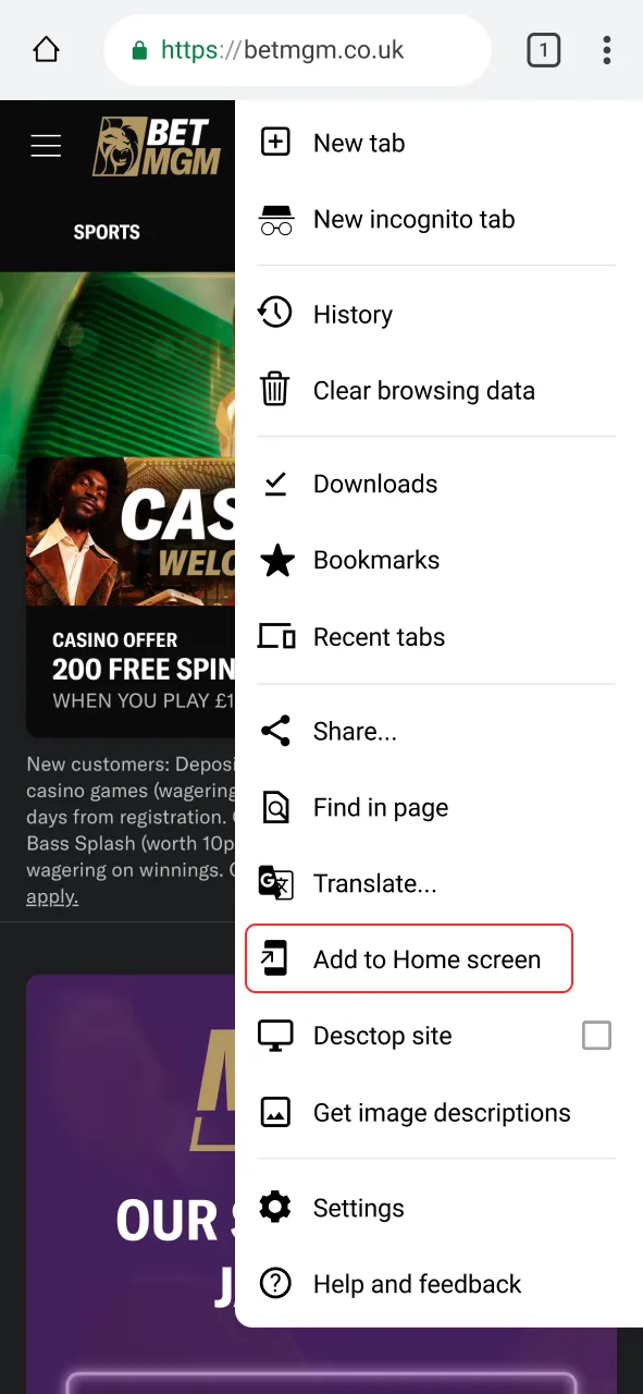 Select Add to Home Screen to add BetMGM to your device.
