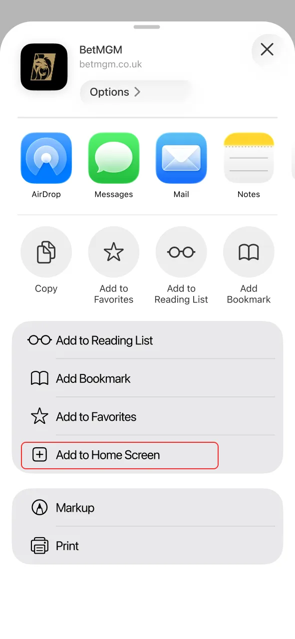 Scroll the share menu and select Add to Home Screen for BetMGM.